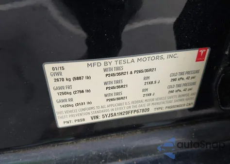 2015 Tesla Model S 70D/85D/P85D из США, поврежденный, VIN 5YJSA1H29FFP67809